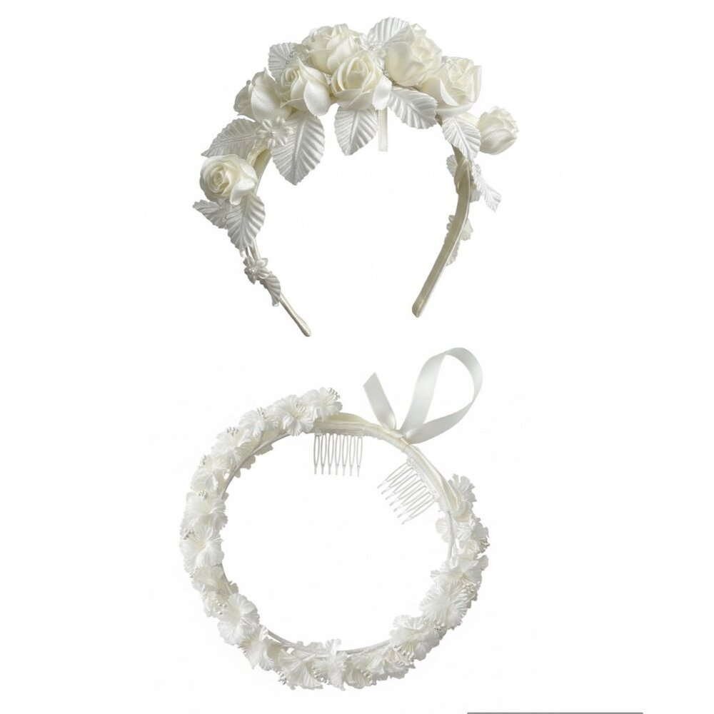 Set of 2 Floral Ivory Satin Flower Crown With Ribbon & Comb Attachments For Wedd
